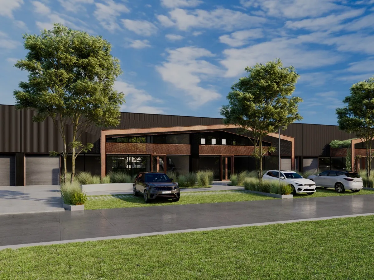 Render del acceso vehicular a NODO Funes