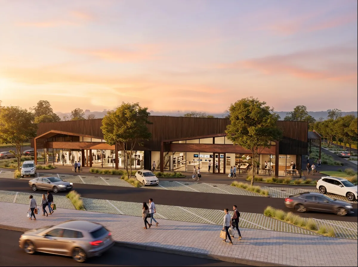 Render del corredor de locales de NODO Funes al atardecer