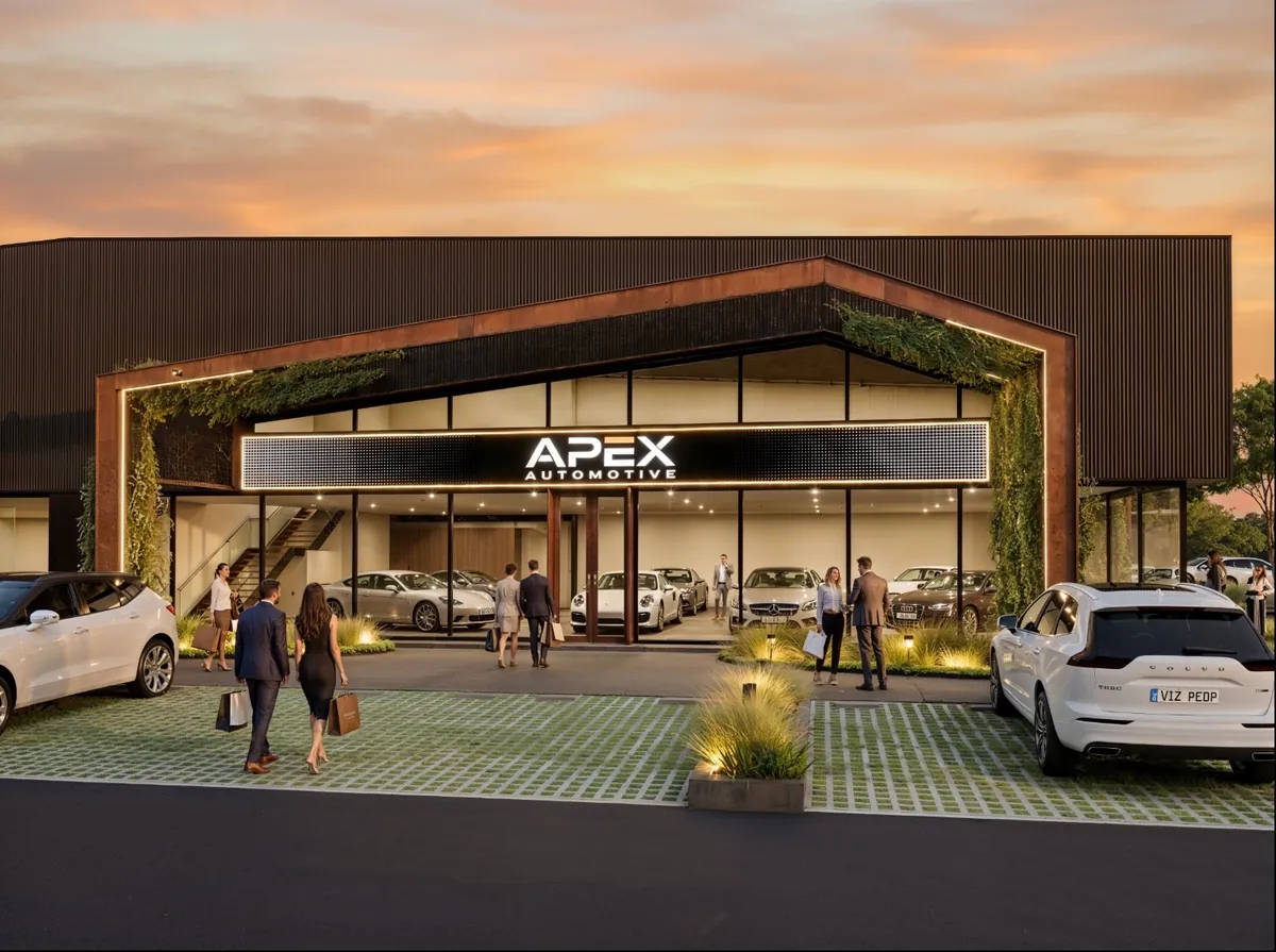 Render de un showroom acondicionado como concesionaria de autos
