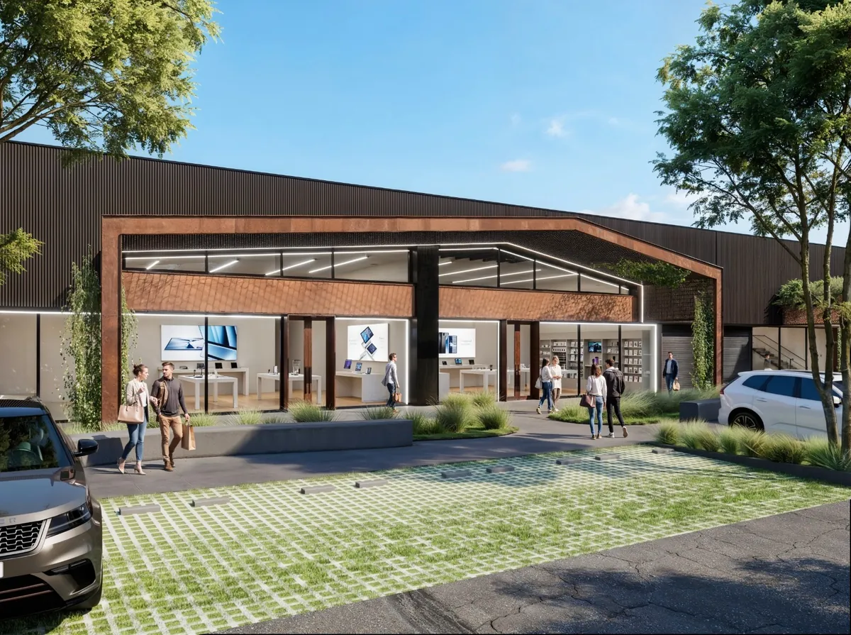 Render de un showroom acondicionado como tienda de electrónica